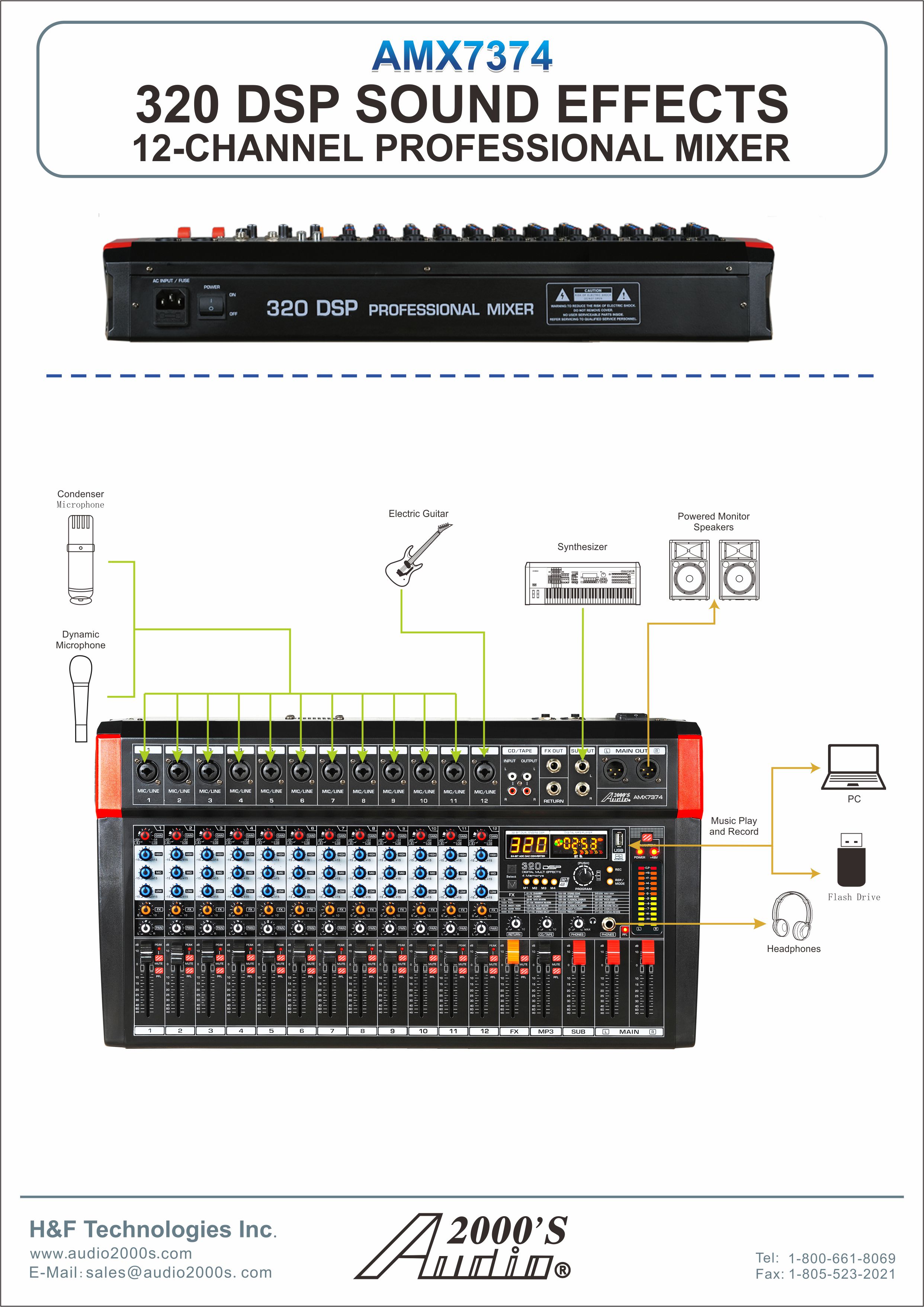 Audio2000S AMX7334 Professional 12-Channel Audio Mixer with USB Interface Bluetooth and DSP Sound Effects 
