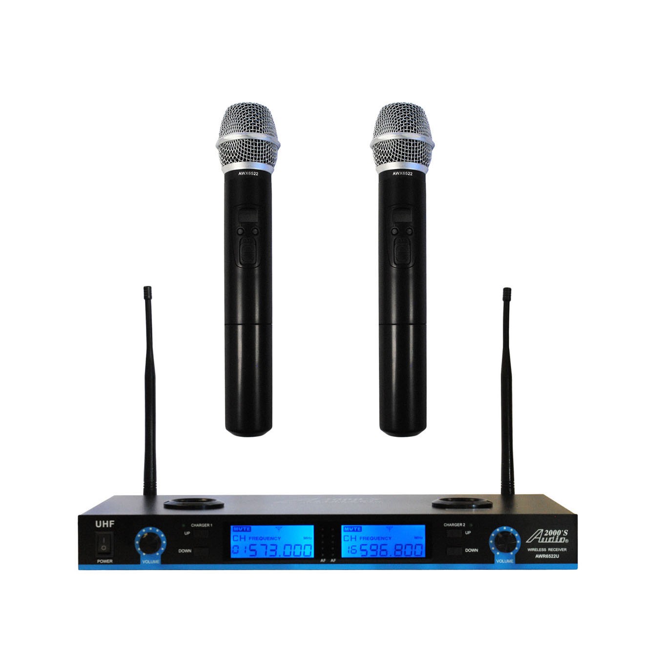 Audio2000S WM6522 PLL Frequency Agile UHF Rechargeable Wireless System with Two Rechargeable Handheld Wireless Microphones 